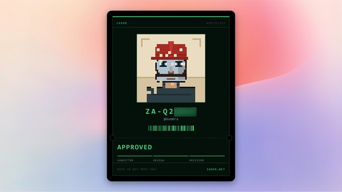 A digital trading card or NFT display featuring pixel art of a mushroom-headed character, labeled 'ZA-Q2' with the handle '@Zumbra' and an 'APPROVED' status, from ZADOK.NET.