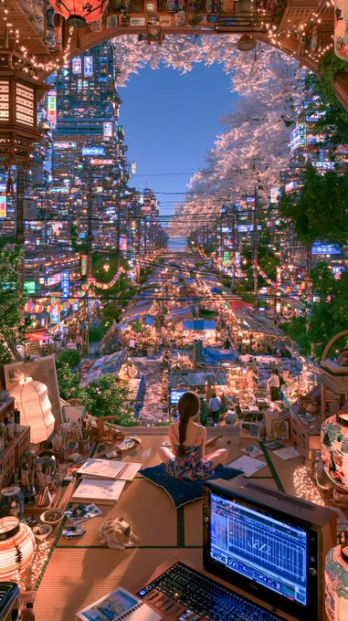 A girl sits at her desk, gazing out through a window framed by string lights and cherry blossoms, watching a bustling, neon-lit city festival below with a laptop open to what appears to be a music production program. The scene captures the quiet anticipation of "just 2 days left" before the next "mimi session," blending the cozy creative workspace with the vibrant excitement of the event outside.