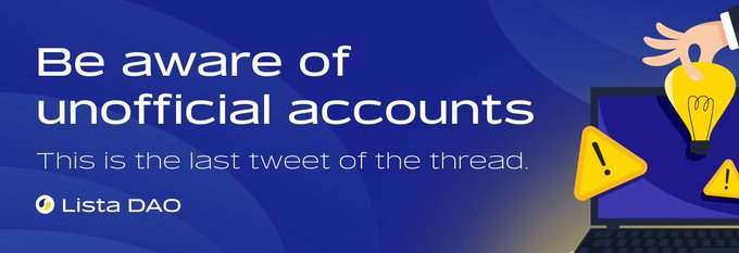 Lista DAO graphic warning 'Be aware of unofficial accounts' with the note 'This is the last tweet of the thread,' featuring an illustration of a hand holding a lightbulb above a laptop with warning signs.