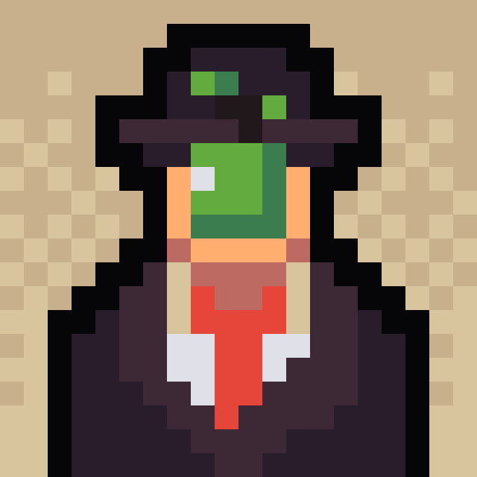 A pixel art image showing a figure with a hat and a green/red gradient face/feature.