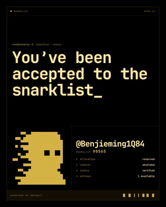A digital poster with a terminal-style design reads 'You've been accepted to the snarklist_' in large yellow text, featuring a pixelated skull icon and the handle '@Benjieming1084' with 'SNARKLIST #0565'.