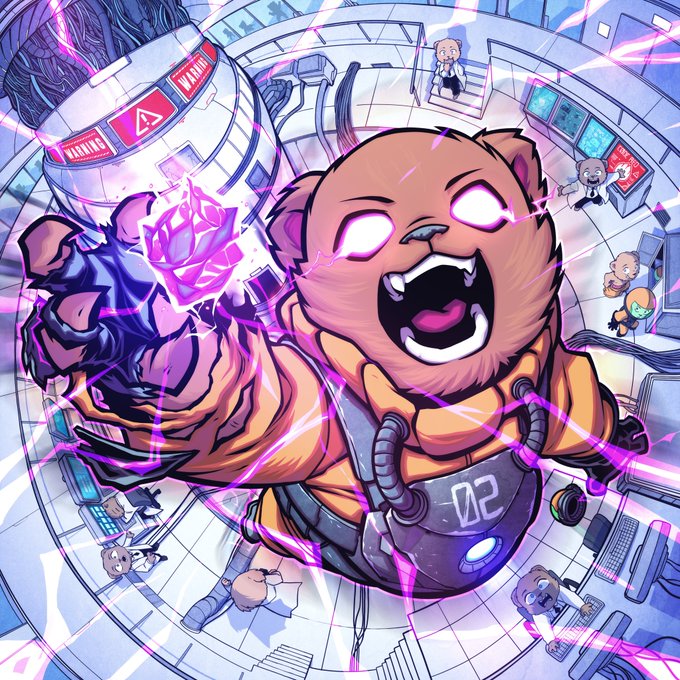 An animated illustration depicts a snarling brown bear wearing an orange prison jumpsuit with the number 02, holding a glowing pink crystal in a sci-fi facility setting.