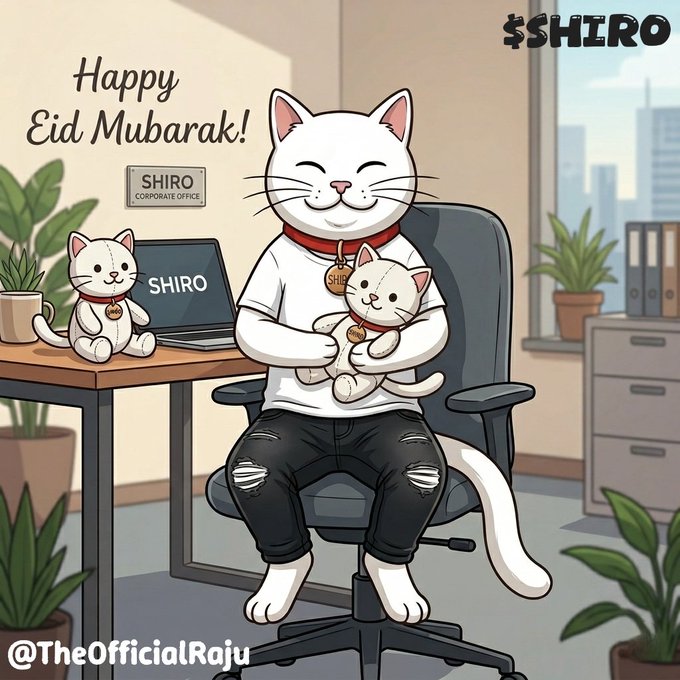 The image features a cartoon cat sitting on an office chair with two stuffed animals on its lap. The cat appears to be smiling, and there are potted plants visible around the room as well. The caption of the image includes text related to Eid Mubarak, which is likely a reference to Shiro's meme. The post also mentions that Shiro Neko is ready for this bull run and is backed by the spirit of Shiba Inu and the Cat Prophecy.