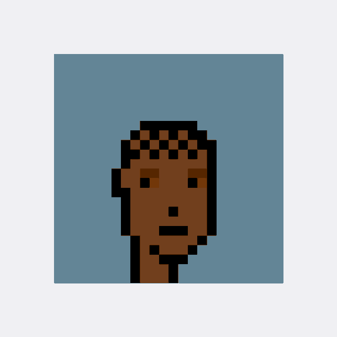 A simple pixel art image of a person's face with brown skin and dark hair against a solid blue-grey background.
