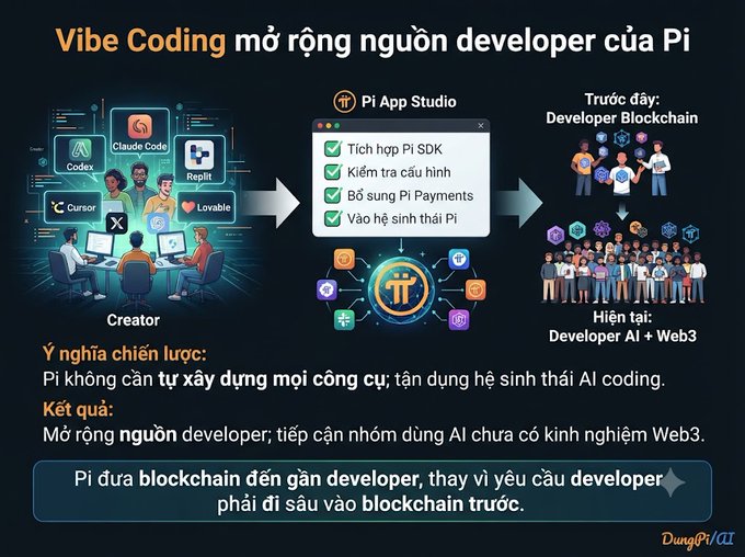 An infographic in Vietnamese titled 'Vibe Coding mở rộng nguồn developer của Pi' explaining how Pi uses AI coding tools to expand its developer base.