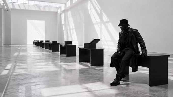 A man in a black coat and bucket hat sits alone on a bench in a minimalist white hall, with a row of empty benches stretching behind him. The stark, contemplative scene mirrors the post's reflection on missed opportunities and the quiet uncertainty of looking back on past investment cycles.