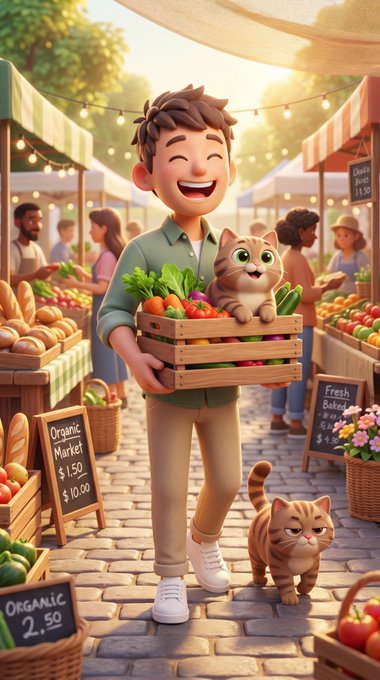 A 3D-style Pixar-esque illustration of a cheerful young man holding a crate of fresh vegetables at an outdoor market, accompanied by two cats.