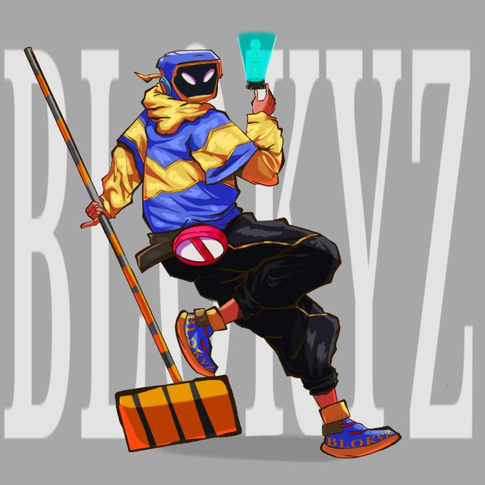 A stylized digital illustration of a street sweeper character wearing a yellow and blue outfit, goggles, and a blue beanie, holding a broom and a glowing blue vial with the word 'BELIEVE' in large letters behind.