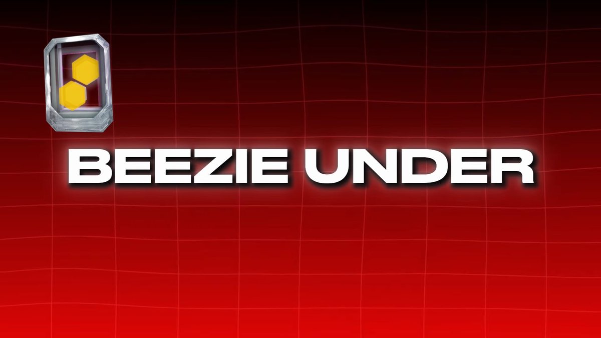 A graphic with a red gradient background displays a metallic hexagonal logo containing two yellow hexagons alongside the white text "BEEZIE UNDER".