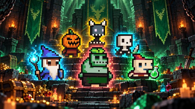 A pixel-art scene shows six video game characters including a wizard, jack-o'-lantern, skull, knight, goblin, and potion-wielder gathered on stone steps in a dungeon filled with treasure and green banners.