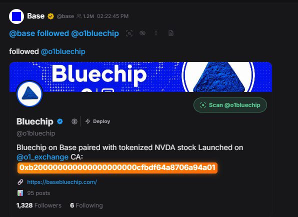 The image displays a tweet from Base (@base) announcing that they followed @0lbluechip, featuring a profile card for Bluechip on Base with 1,328 followers and highlighting its tokenized NVDA stock launched on @0l_exchange, with the contract address base:0xb200000000000000000000cfbdf64a8706a94a01 prominently highlighted in orange.