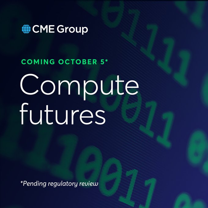 A CME Group promotional image announces "Compute futures" coming October 5*, with the disclaimer "*Pending regulatory review," featuring binary code (1s and 0s) as the background design. The image supports the post's commentary by signaling CME's expansion beyond crypto futures into new derivatives markets that, like Bitcoin futures, could provide institutional tools for trading previously retail-dominated digital assets.
