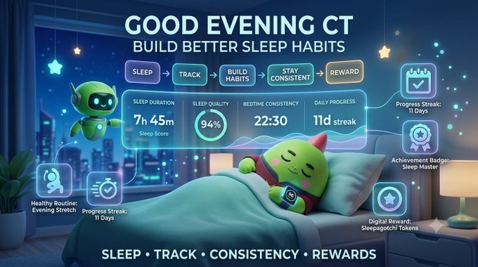 A sleep-tracking app dashboard titled 'GOOD EVENING CT - BUILD BETTER SLEEP HABITS' featuring a cute green blob character sleeping in a bed, displaying metrics like 7h 45m sleep duration, 94% sleep quality, 22:30 bedtime, and 11-day streaks with the tagline 'SLEEP • TRACK • CONSISTENCY • REWARDS.'