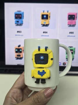 A hand holds a white mug featuring a yellow robot design, with a background screen displaying various robot designs labeled #03, #04, and #05.