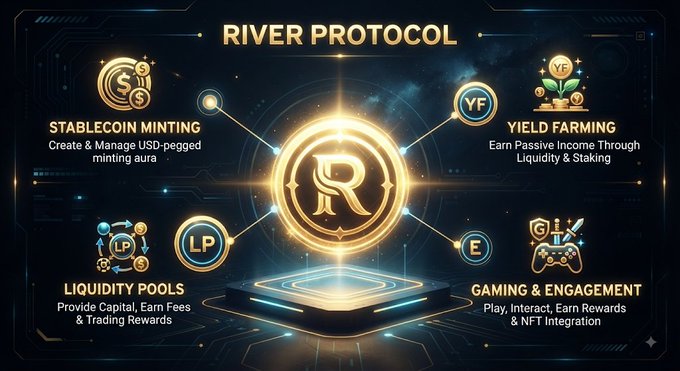 The image is a promotional graphic for "River Protocol," featuring its glowing "R" logo at the center surrounded by four key features: Stablecoin Minting (create USD-pegged minting aura), Yield Farming (earn passive income through liquidity & staking), Liquidity Pools (provide capital, earn fees & trading rewards), and Gaming & Engagement (play, interact, earn rewards & NFT integration). The graphic visually supports the post's message that River Protocol (by RiverdotInc) is a comprehensive ecosystem where users can mint $satUSD, earn yield, provide liquidity, and engage with gaming features—going beyond just TVL-focused stablecoin projects.