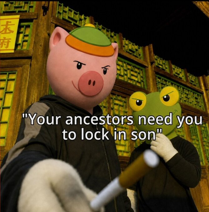 Two people in mascot masks—one a pink pig with a green and orange cap, the other a green frog—stand before a traditional Chinese-style building, overlaid with the text *"Your ancestors need you to lock in son."* The meme humorously mirrors the poster's reflection on stepping back into a leadership role, with the pig and frog characters playfully urging holders to "lock in" and stay committed to the project's journey ahead.