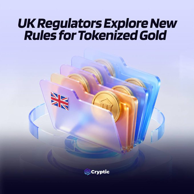 A stylized 3D graphic titled "UK Regulators Explore New Rules for Tokenized Gold" by Cryptic, featuring gold coins inside translucent folders marked with the Union Jack flag on a circular pedestal — visually representing the UK's regulatory efforts to create a separate framework for tokenized gold, as referenced in the post about the FCA, Treasury, and Bank of England exploring potential exemptions from existing fund rules.