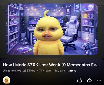 The image shows a YouTube thumbnail featuring a yellow duck meme with a human face in a purple-lit gaming room, with the title "How I Made $70K Last Week (9 Memecoins Ex..." by @daumenxyz (258 likes, 4.7k views, 1 day ago). The thumbnail's viral appeal—combining the absurd duck meme with a sensational earnings claim—aligns with the poster's note that the video quickly gained 5k views, trended #1 on meme coins, and became one of their best-performing videos.