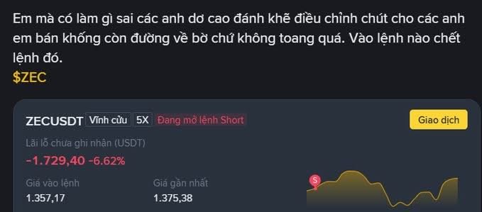 A screenshot of a trading interface showing a losing short position on ZECUSDT with an unrealized loss of -1,729.40 (-6.62%), entry price of 1,357.17 and current price of 1,375.38, accompanied by Vietnamese text discussing a difficult market adjustment.
