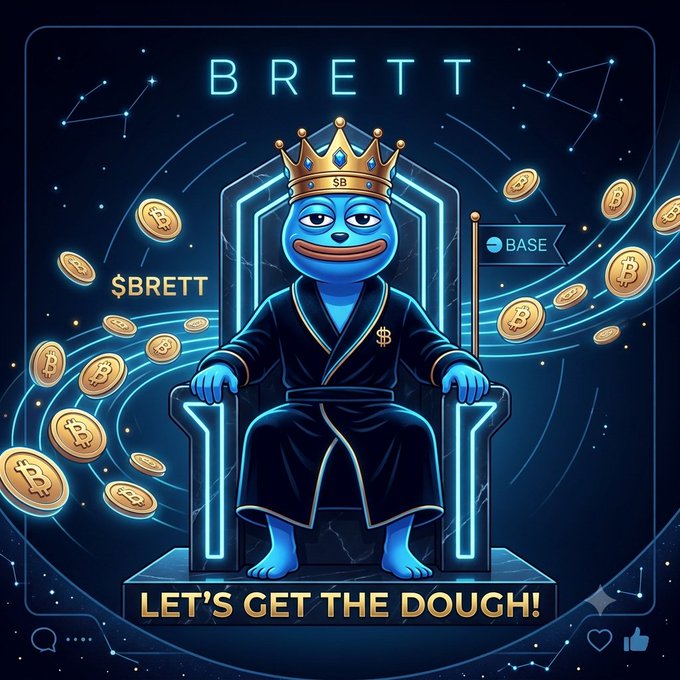 A promotional crypto meme image for 'BRETT' featuring a blue frog character wearing a gold crown with '$B' and a black robe, sitting on a neon-lit throne surrounded by floating Bitcoin coins, with text '$BRETT', 'LET'S GET THE DOUGH!', and a 'BASE' flag.