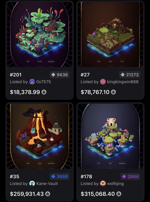 A screenshot showing four NFT listings for virtual island dioramas with prices ranging from $18,378.99 to $315,068.40.