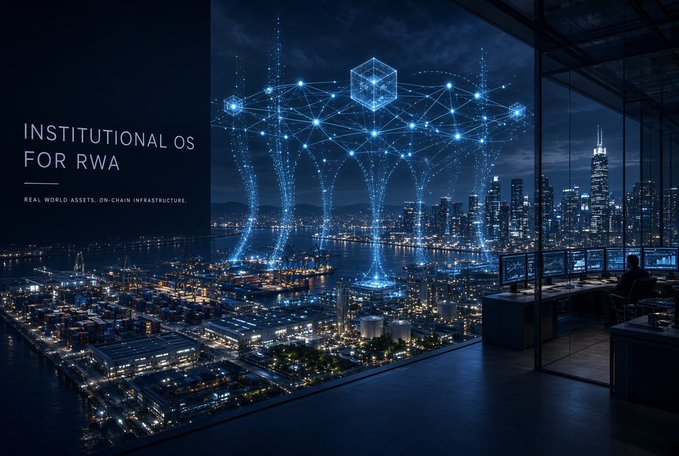 A nighttime cityscape view from a high-rise interior featuring glowing blue blockchain network nodes connecting through a digital overlay, with text reading "INSTITUTIONAL OS FOR RWA" and "REAL WORLD ASSETS. ON-CHAIN INFRASTRUCTURE." displayed on the left side.