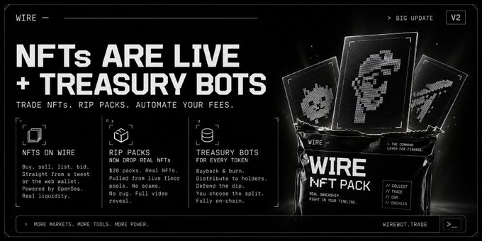 A dark promotional graphic for "WIRE" advertising "NFTS ARE LIVE + TREASURY BOTS," featuring sections for "NFTS ON WIRE," "RIP PACKS," and "TREASURY BOTS," with the URL "WIREBOT.TRADE" at the bottom.
