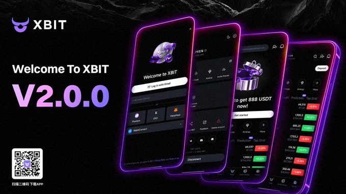 A promotional graphic for XBIT's 'V2.0.0' update displays four smartphone screens showing the app's welcome screen and trading interface, alongside a QR code for download.