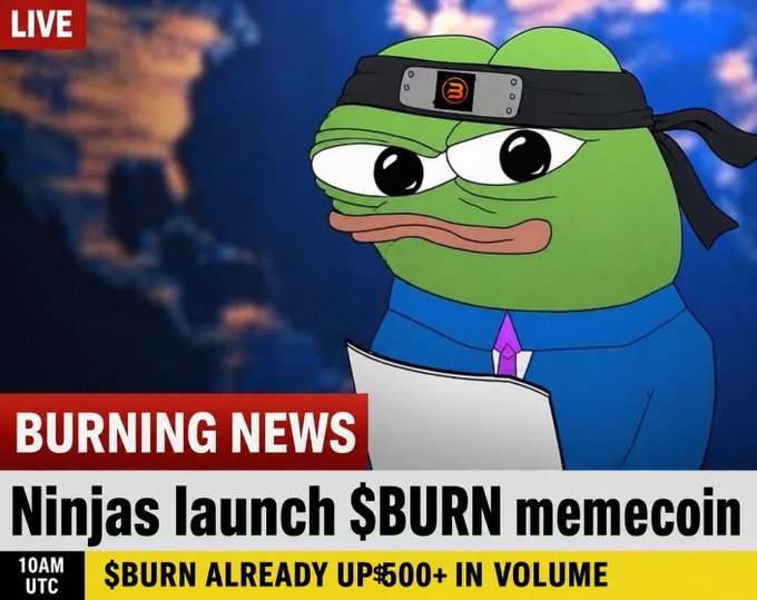 A news broadcast-style meme featuring a Pepe the Frog character dressed as a ninja in a suit, with on-screen text reading 'BURNING NEWS', 'Ninjas launch $BURN memecoin', and '$BURN ALREADY UP 500+ IN VOLUME'.