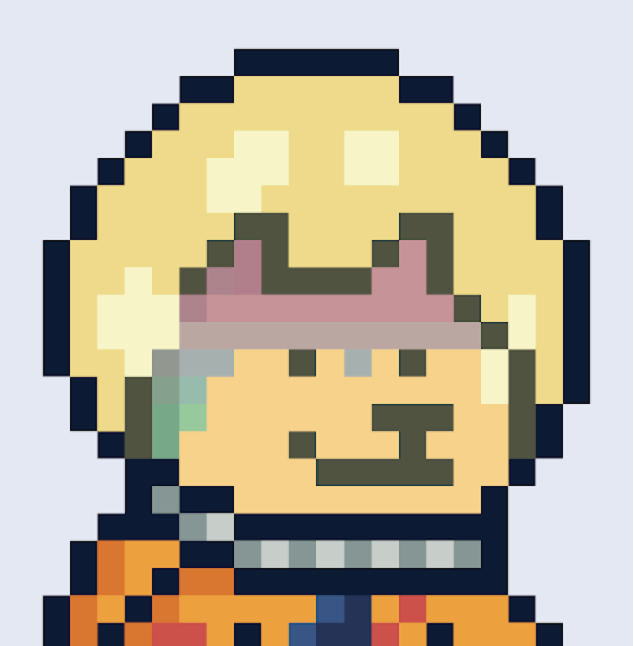 A pixel art illustration of a blonde-haired character wearing a pink crown, depicted with a serious expression against a gray background.