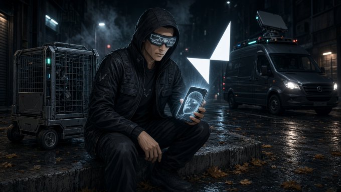 A hooded man in black tactical gear sits in a dark, wet urban alley looking at a holographic face on his smartphone, with a surveillance van and equipment in the background.