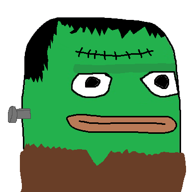 A crudely drawn cartoon of a Frankenstein-like character with green skin, black hair, stitches on its forehead, and a metal bolt in its neck.