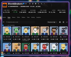 A screenshot of a website called 'StonkBrokers' displaying a stock-like trading interface for crypto tokens, featuring pixel art avatars of various characters in a grid layout.