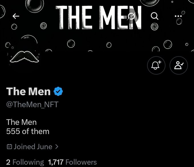 A Twitter/X profile page for "The Men" (@TheMen_NFT) showing a verified account with 1,717 followers and 2 following, joined in June, and "555 of them" in the bio, with 7 GTD and 10 FCFS spots being given away according to the post.