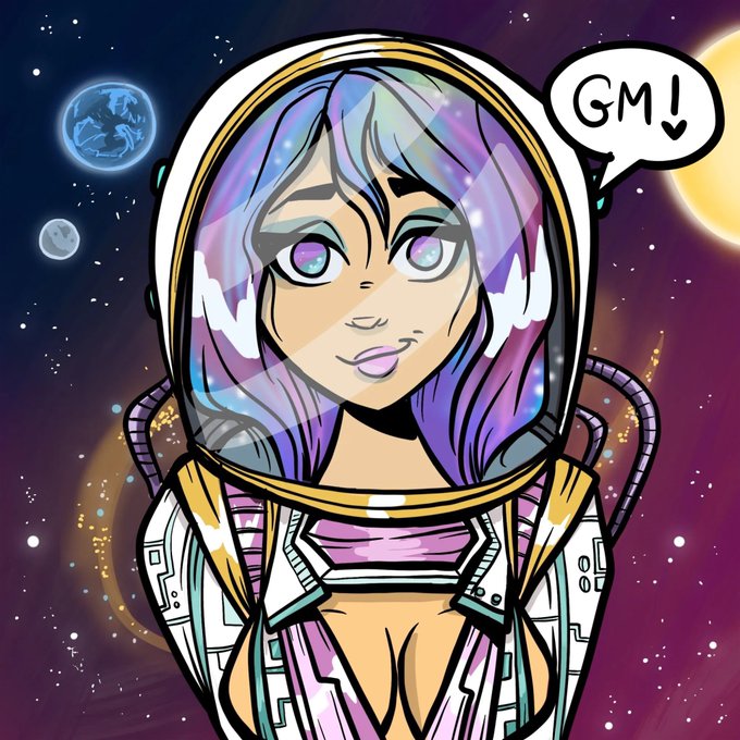 A cartoon astronaut with pastel galaxy-colored hair and a space suit says "GM!" in a speech bubble, set against a cosmic backdrop featuring Earth, the moon, and the sun. The image's cheerful "GM" greeting and futuristic, vibrant aesthetic align with the upbeat Thirsty Thursday post announcing that MetaVixens NFT project is now on Ethereum.