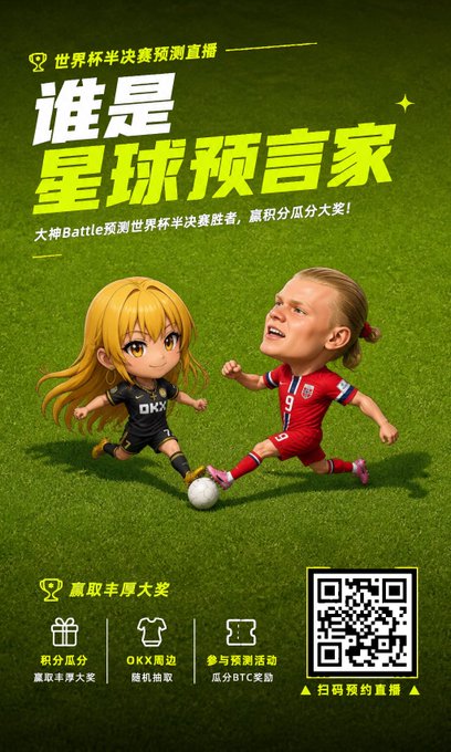 A Chinese-language promotional poster for the World Cup semi-finals prediction contest titled '谁是星球预言家' (Who is the Planet Prophet), featuring an anime character alongside a soccer player, with prizes for OXX周边, BTC rewards, and a QR code to scan.