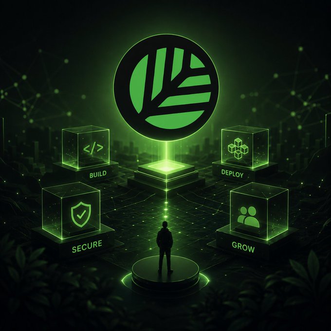 A silhouette stands before a glowing green logo surrounded by four illuminated pedestals labeled "BUILD," "DEPLOY," "SECURE," and "GROW," with a "</>" code symbol on one cube, visually representing the developer journey the post describes—where the CNPY Network's Nucleus campaign moves beyond speculation to actively support builders in the appchain ecosystem through structured, growth-oriented stages.