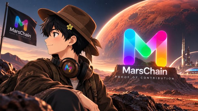 An anime-style promotional graphic for 'MarsChain - Proof of Contribution,' showing a young explorer wearing a MarsChain cap and headphones against a Martian landscape with a colorful M logo.