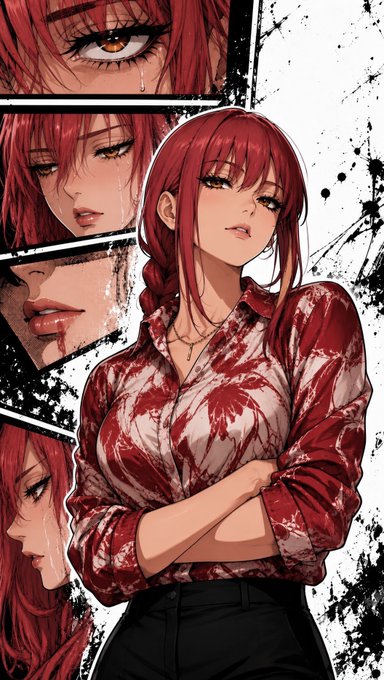 The image shows an anime-style character with red hair in a manga panel layout, where she appears to be crying with blood splattered across her white shirt. The dramatic, somber artwork pairs with the "GM to those who love NFTs" message by visualizing the despondent mood of NFT holders experiencing market struggles or rug pulls.