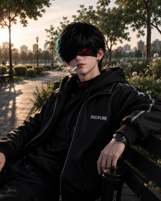An AI-generated image of a young man with black and teal hair wearing a black jacket reading 'DISCIPLINE.', sitting on a park bench with red digital glasses and a cigarette.