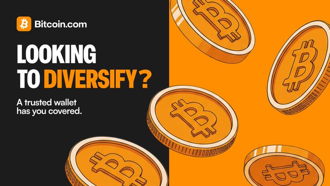 A Bitcoin.com ad banner reading "Looking to Diversify? A trusted wallet has you covered" alongside illustrated Bitcoin coins, promoting their self-custody wallet that keeps private keys on users' devices.