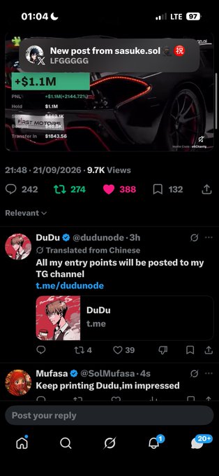 A screenshot of a social media feed showing a post from 'sasuke.sol' about a token labeled 'LFGGGGG' with a +$1.1M price increase, along with engagement metrics (242 comments, 274 reposts, 388 likes, 132 bookmarks) and replies including one from 'DuDu' (@dudunode) announcing entry points will be posted to his Telegram channel, and another from 'Mufasa' (@SolMufasa).