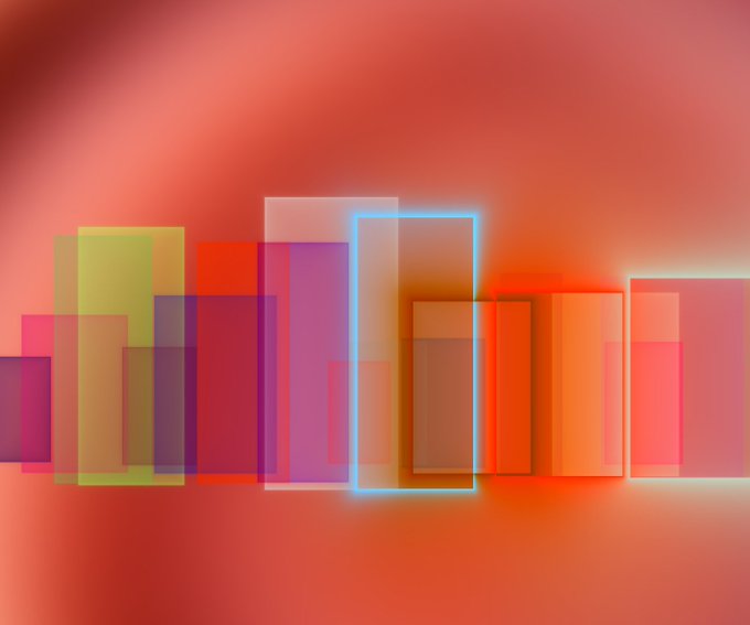 An abstract composition featuring translucent, overlapping rectangular shapes in shades of red, pink, yellow, and purple against a glowing red backdrop.