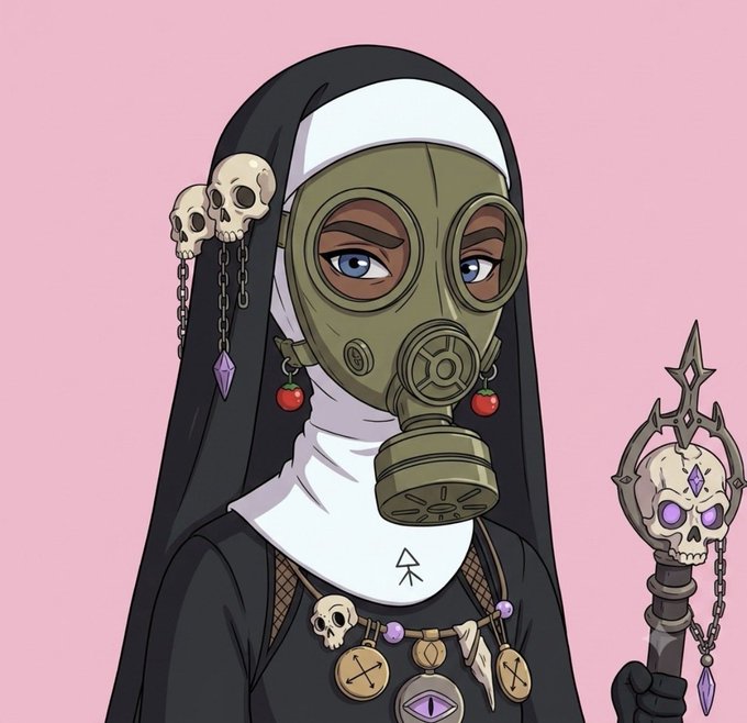 A stylized illustration depicts a sinister nun wearing an olive-green gas mask, adorned with skull earrings and a necklace of dark occult charms, while holding a staff topped with a glowing-eyed skull—fitting the edgy, supernatural aesthetic commonly celebrated in NFT art communities like ayo.artss.