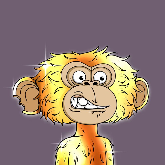 A digital illustration of a cartoon monkey character with shaggy yellow-orange fur, big ears, and a nervous toothy grin against a purple background with sparkles.