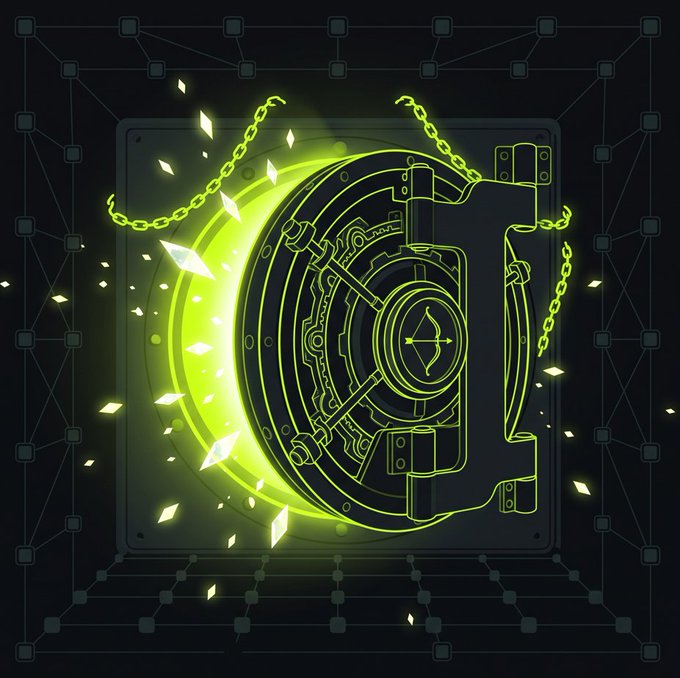A glowing neon-green vault door with heavy chains and a central combination dial bursts open, emitting radiant light and floating crystal shards, symbolizing the unlocking and securing of tokens on the Robin Vault Chain.