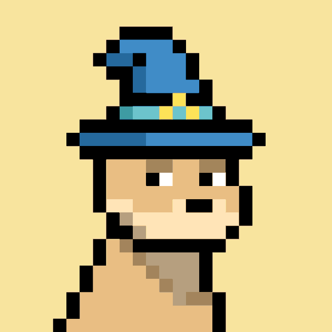 A pixel art portrait of a character with a yellow background, featuring a stylized figure with a blue wizard hat and dark clothing, referencing the "big wizard" celebration message for the doginal dog sales day.