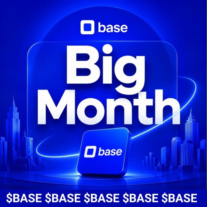 Blue promotional graphic for Base 'Big Month' featuring the Base logo, a cityscape background, and '$BASE' repeated along the bottom.