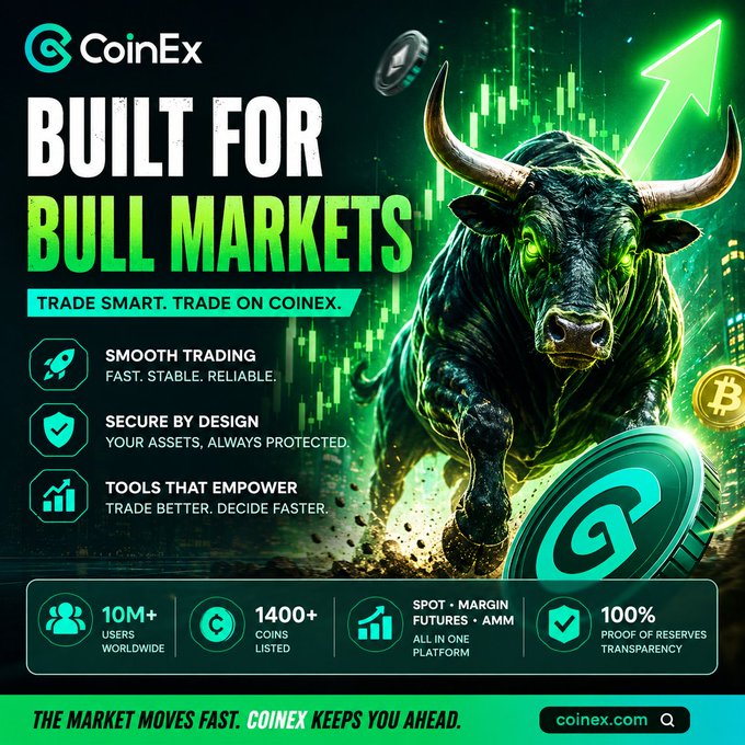 This CoinEx advertisement features a charging bull, symbolizing bull markets, and highlights the platform's "BUILT FOR BULL MARKETS" message, along with its features like smooth trading and security. The post complements the image by emphasizing consistency, learning, and adaptation on CoinEx during market phases, suggesting the platform is the key to future success.