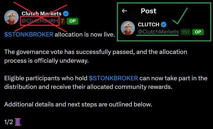 Screenshot warning about a fake $STONKBROKER allocation post from an impersonator account @ClutchDeFiH, contrasting it with the legitimate @ClutchMarkets account.